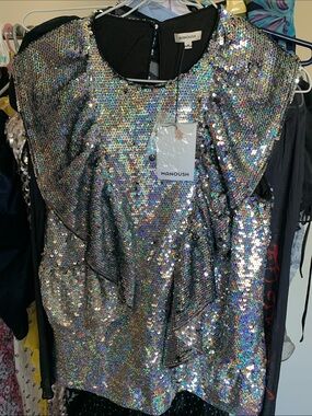 NWT Manoush Paris Silver Sequin Ruffle Sleeveless Top